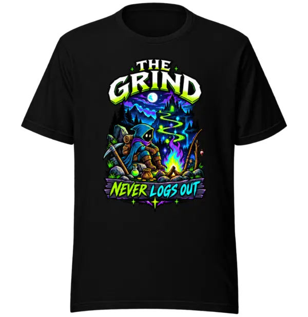The Grind Never Logs Out gaming shirt