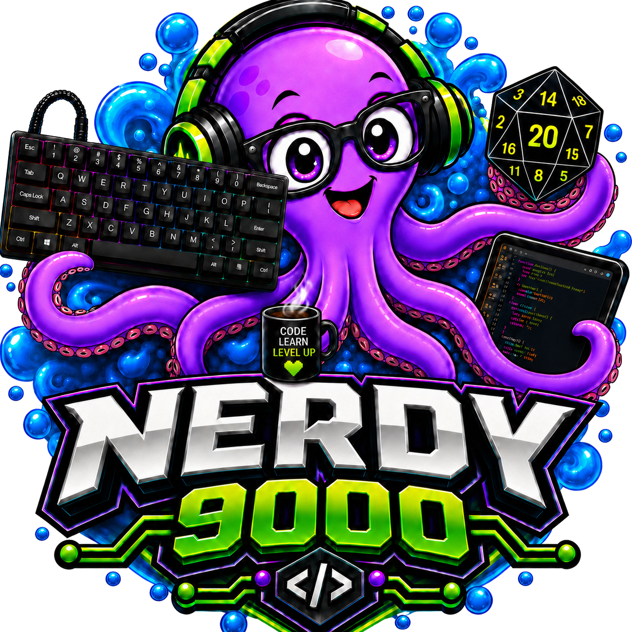 Nerdy 9000 octopus mascot
