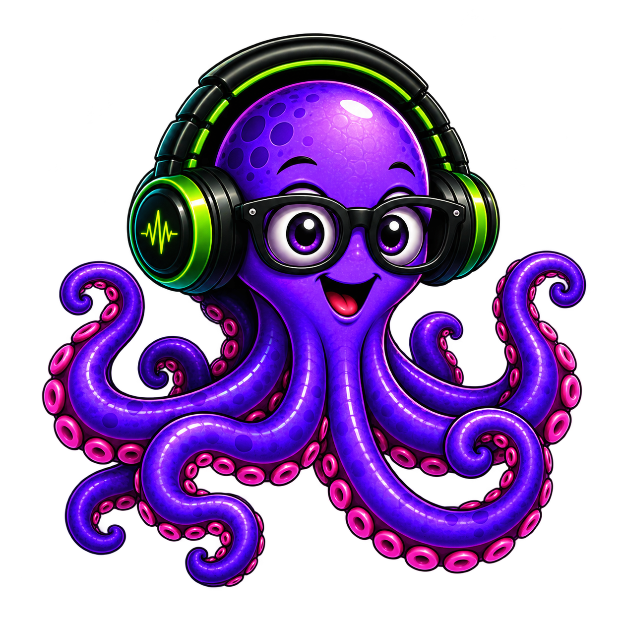 Byte, a purple octopus wearing black glasses and neon green headphones