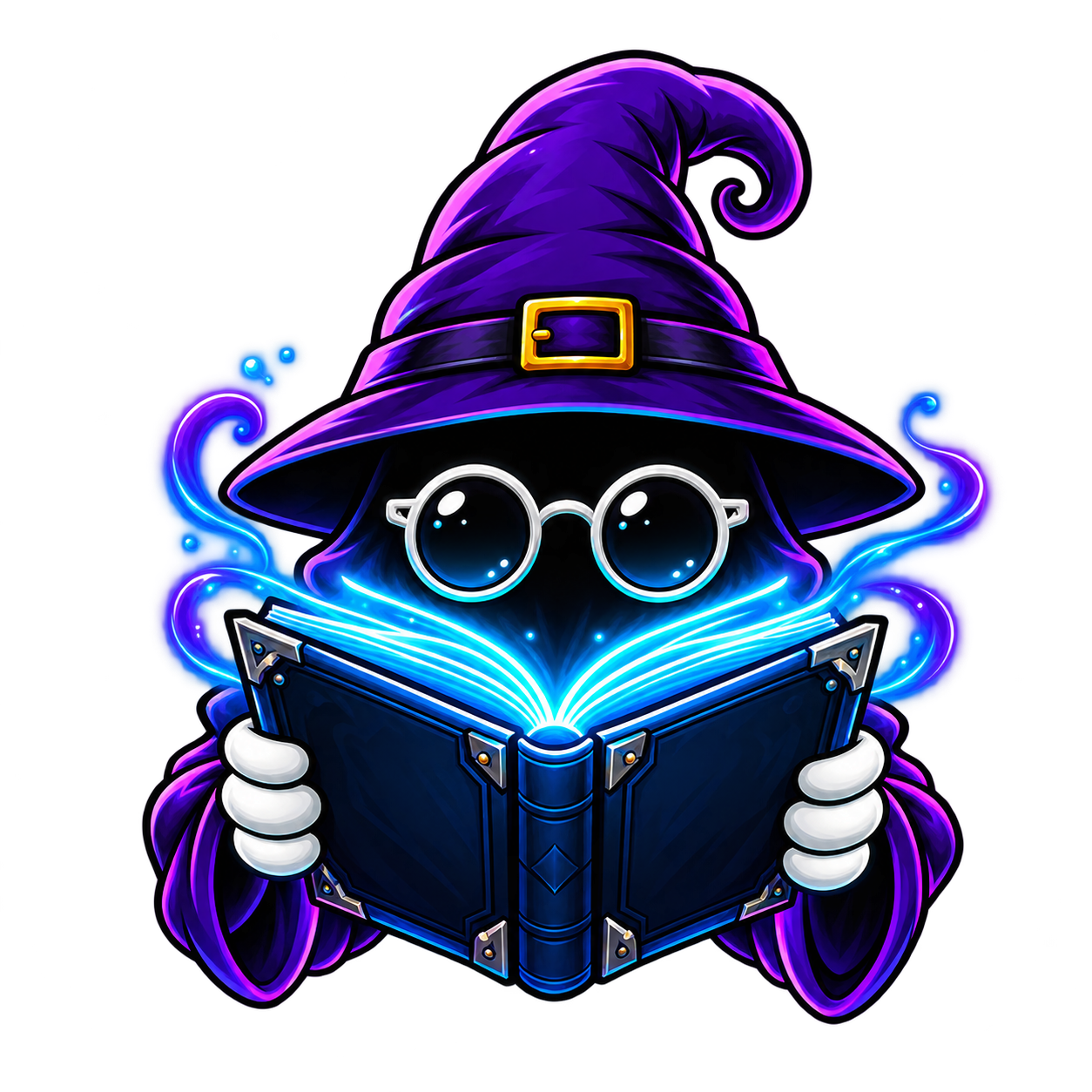 Hex, a purple-hatted wizard with round glasses and a glowing blue spellbook