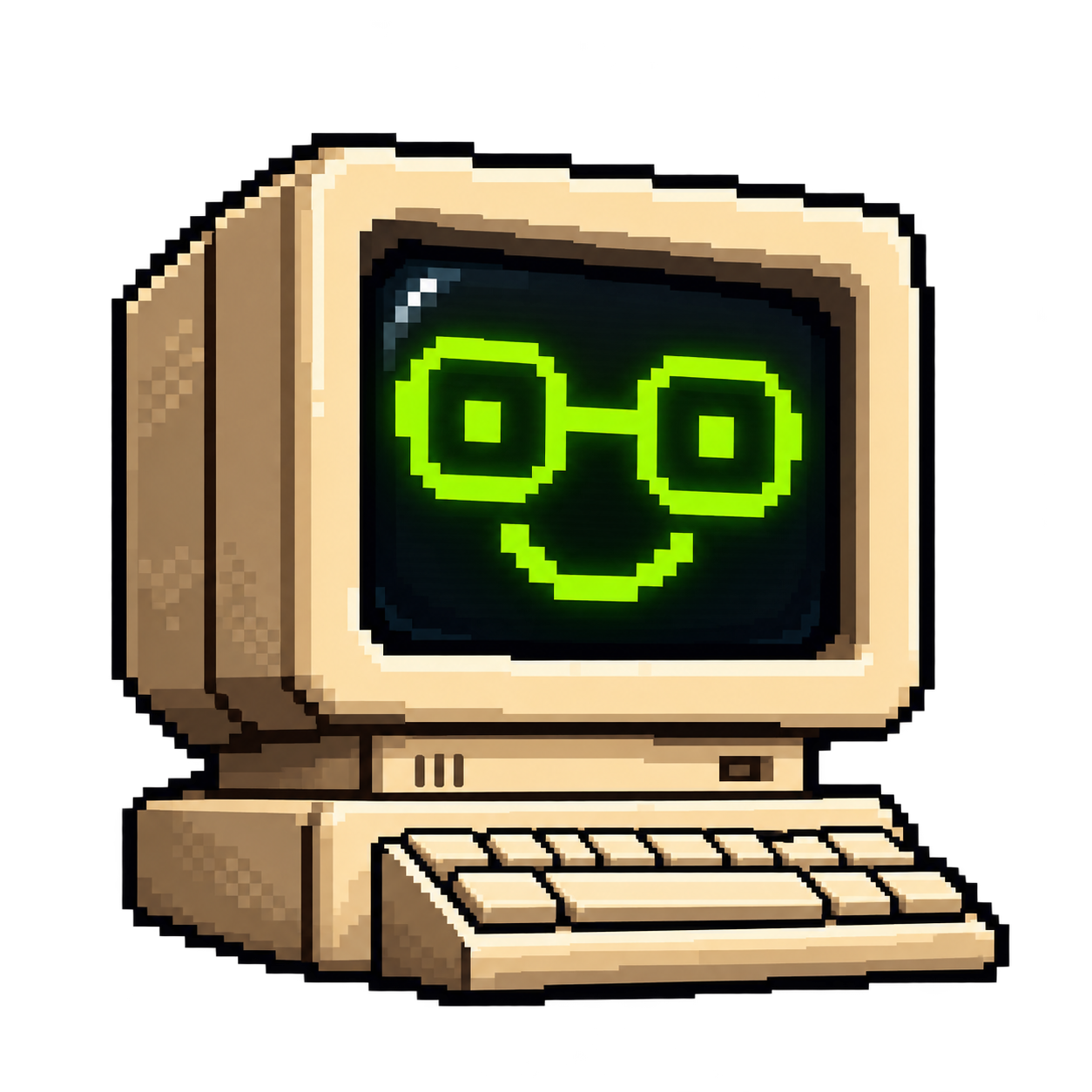 Pixel, a smiling beige retro computer with neon green glasses and a keyboard