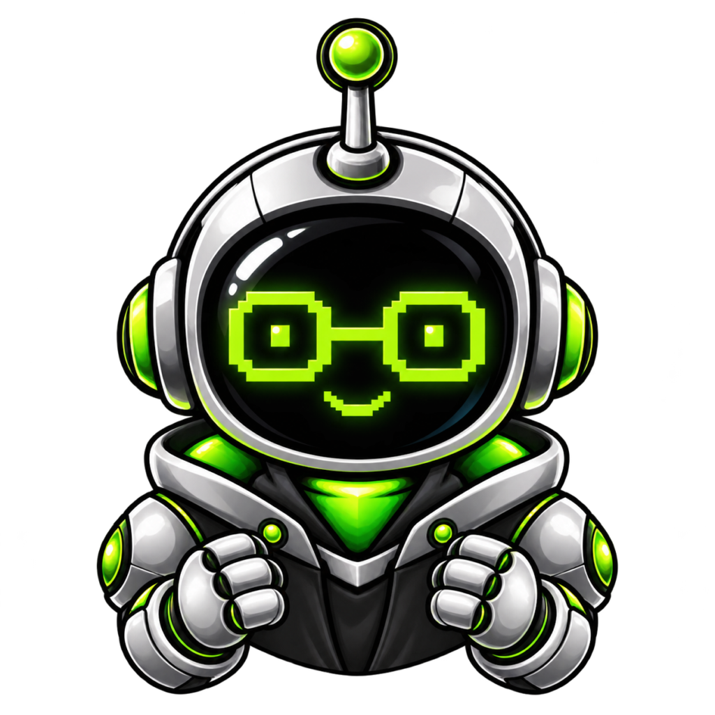 Spark, a silver robot with neon green glasses and an antenna