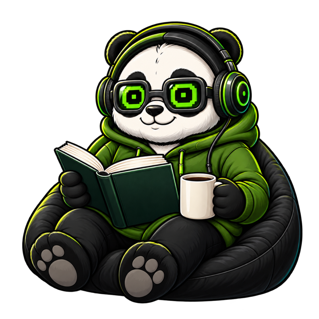Zenji, a panda in a green hoodie with headphones, a book, and a mug