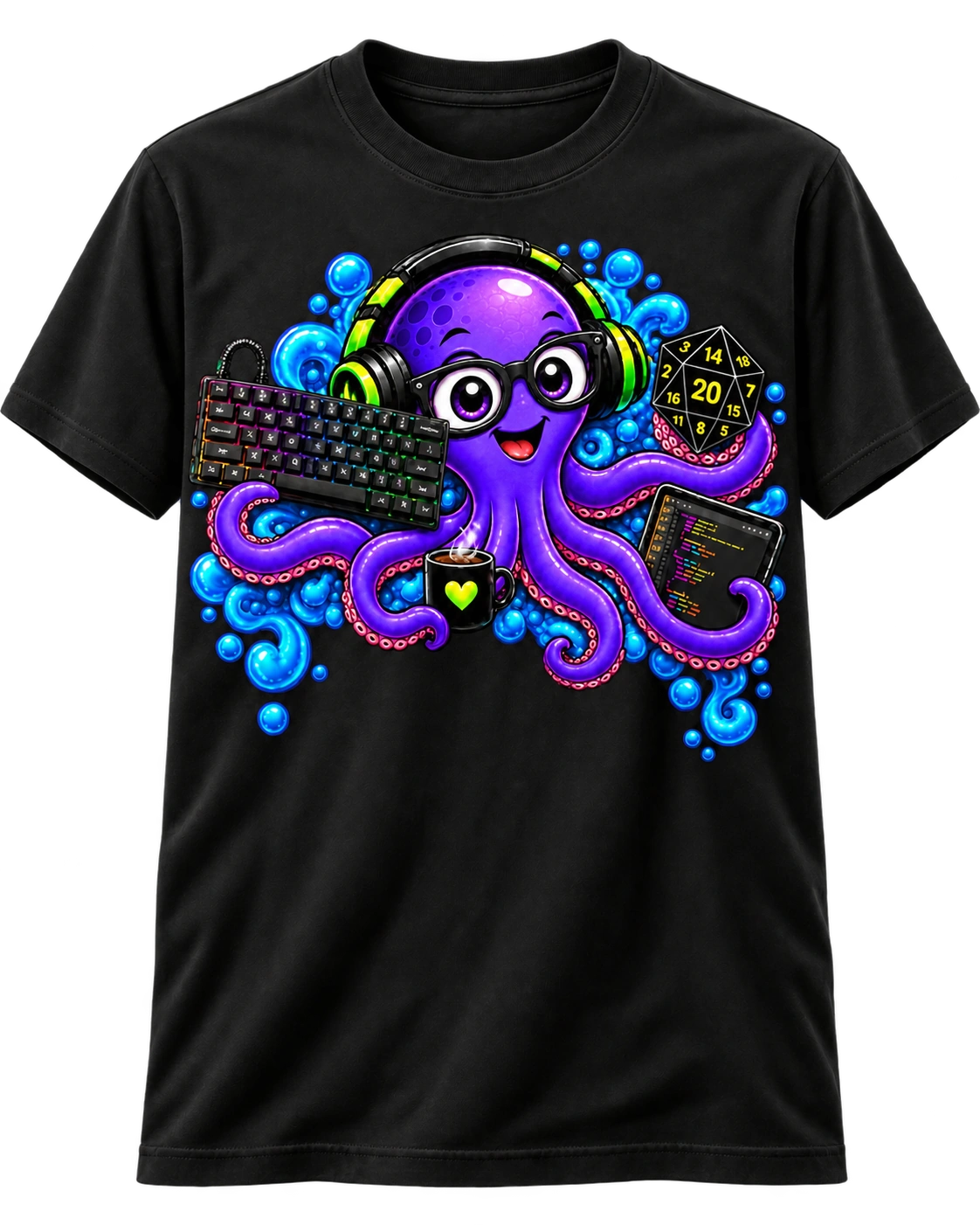 Black Nerdy 9000 T-shirt featuring Byte, the purple gaming and coding octopus