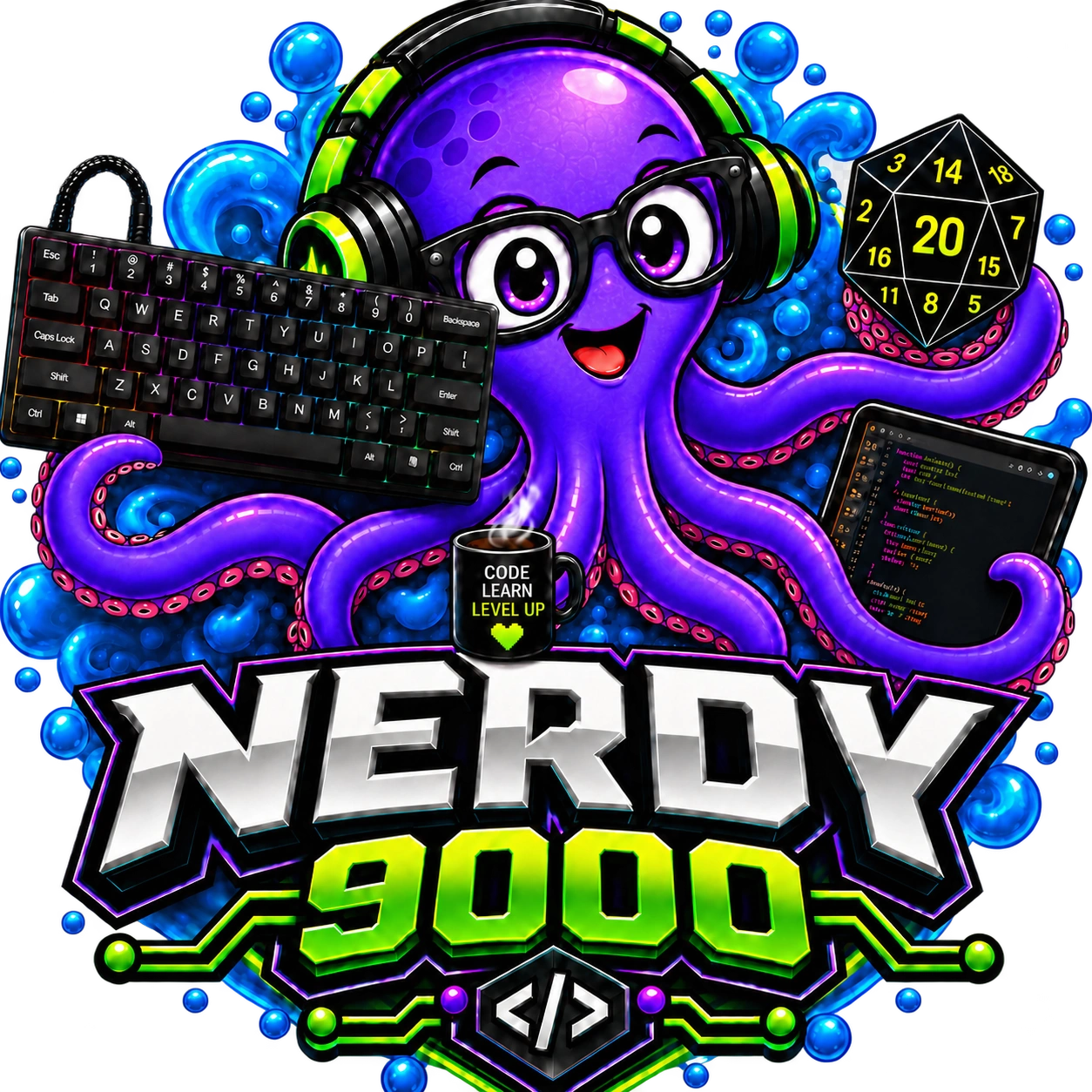 Byte, the purple Nerdy 9000 octopus mascot, with gaming and coding gear